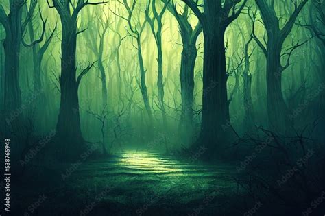 Realistic haunted forest creepy landscape at night. Fantasy Halloween forest background. Surreal ...