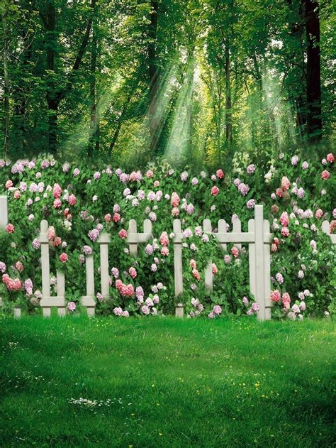 Garden Scenic Photography Backdrop Green Grass Floor Forest Trees White Fence Pink Flowers Kids ...