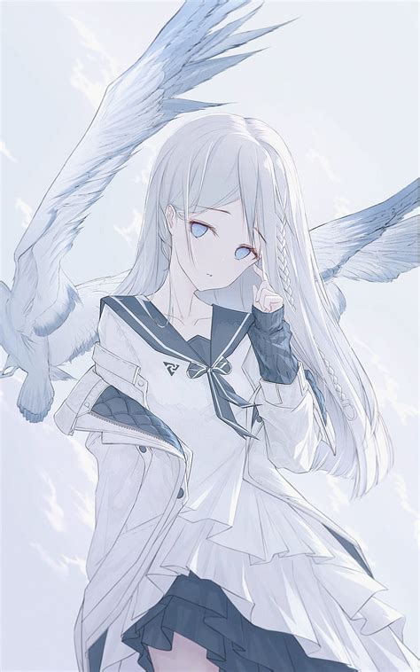 Girl, glance, birds, wings, anime, art, white, HD phone wallpaper | Peakpx