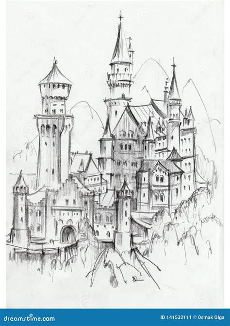 Drawing of Architectural Structures of the Medieval Fairy-tale Castle in the Mountains of ...