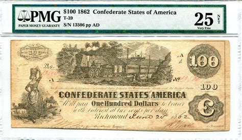 1862 $100 Dollar Bill Confederate States PMG 25 NET Very Fine Richmond T-39 CSA | #1759652205