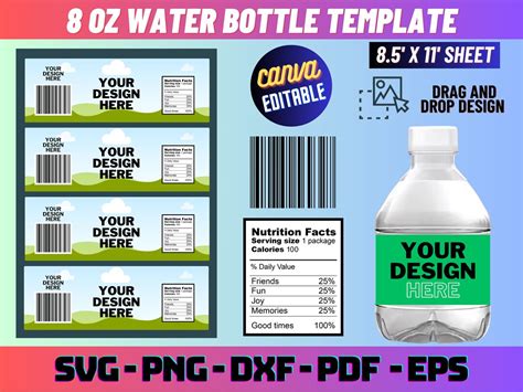 8 Oz Water Bottle Template, Water Bottle Sticker, Water Bottle Label Template, Party Favors ...