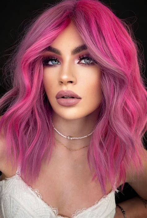 34 Pink Hair Colours That Gives Playful Vibe : Pink Magenta Lob