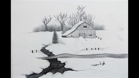 Beautiful Scenery Drawing Of Winter Season In Village