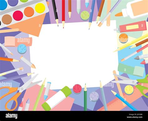 Art workshop. Kids craft supplies top view background. Education and enjoyment concept. Flat ...