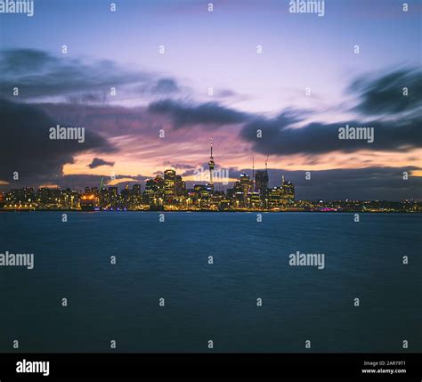 Skyline photo of Auckland. The photo was taken during sunset across the ...