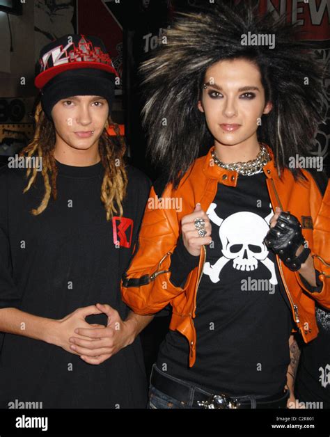 Tom Kaulitz and Bill Kaulitz of the German band Tokio Hotel at an album signing at Virgin ...