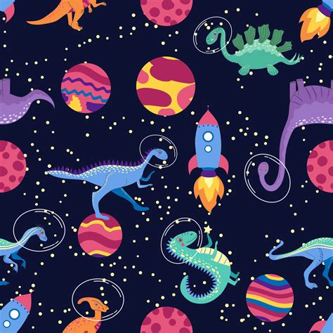 Dino in space seamless pattern. Cute dragon characters, dinosaur traveling galaxy with stars ...