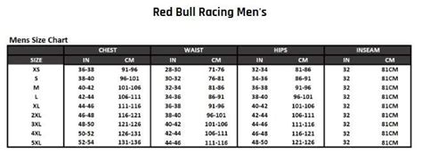 Red Bull Racing Size Guide – Grand Prix Store