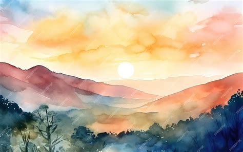 Premium Photo | A watercolor painting of a mountain landscape with a sunset in the background.