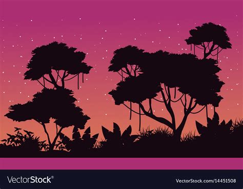 Landscape of jungle with big tree silhouette Vector Image