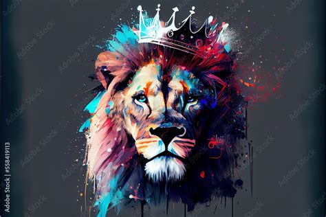 Abstract painting concept. Colorful art of a lion with a crown ...