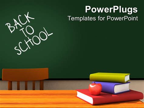 PowerPoint Template: back to school classroom with chalkboard and desk with books and apple and ...