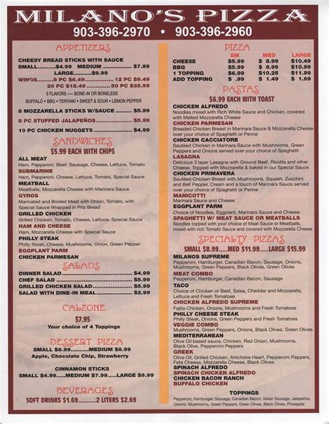 Menu at Milano's Pizza pizzeria, Kerens, 105 S Colket Ave