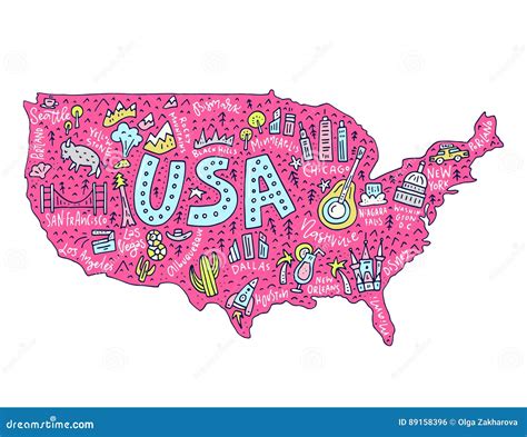 Cartoon Map of USA stock vector. Illustration of america - 89158396