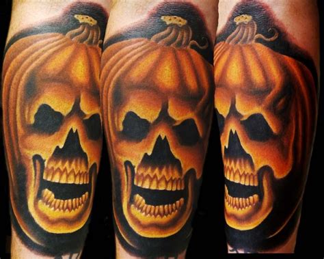 3D style Halloween pumpkin stylized with skull colored detailed tattoo ...