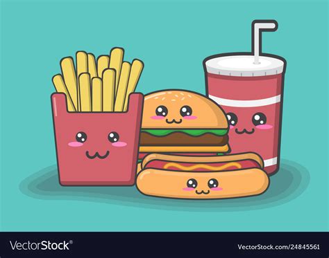 Cartoon junk food on green background Royalty Free Vector