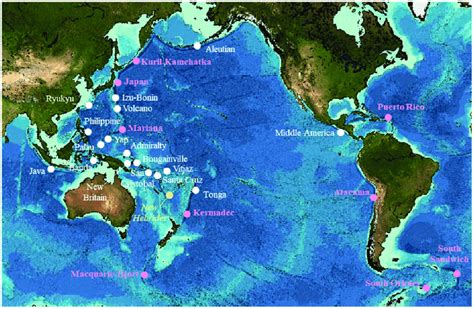 Hadal subduction trenches with depths exceeding 6000 m. Constructed... | Download Scientific Diagram