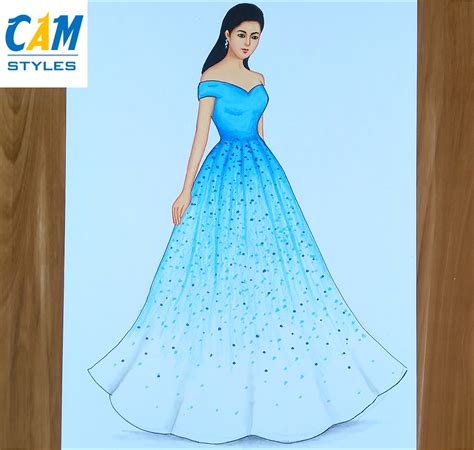 a drawing of a woman in a blue dress with stars on the skirt and shoulders