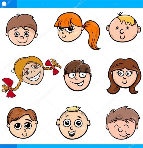 dibujos animados los niños personajes caras conjunto — Vector de stock © izakowski #89881600