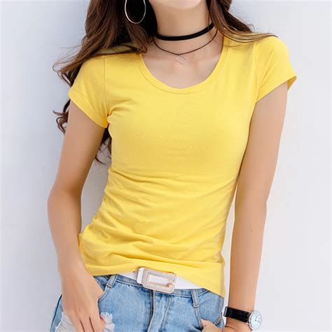 New 2019 High Quality O Neck Candy Color Cotton Basic T shirt Women Plain Simple T Shirt For ...