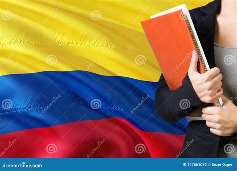 Learning Colombian Language Concept. Young Woman Standing with the Colombia Flag in the ...