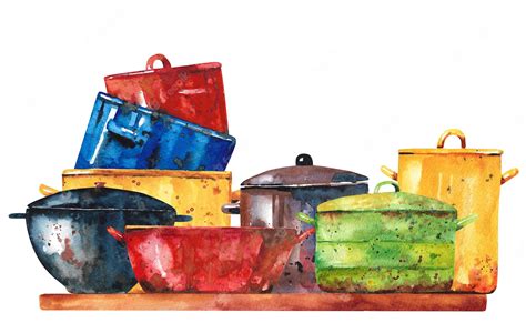 Premium Photo | Watercolor pots and pans set of old kitchen utensils