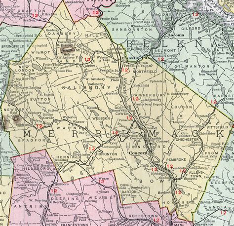 Merrimack County, New Hampshire, Map, 1912, Concord, Hooksett, Franklin, Bow, Pembroke ...