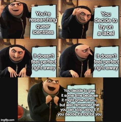 raavenb2619:[ID: Gru’s 5 panel plan meme. Gru gives a presentation. The first slide says “You’re ...