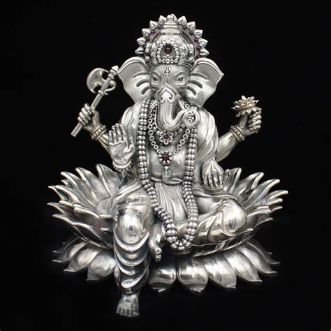 Silver Ganesh Idol Murti, Ganesh silver idol with lotus