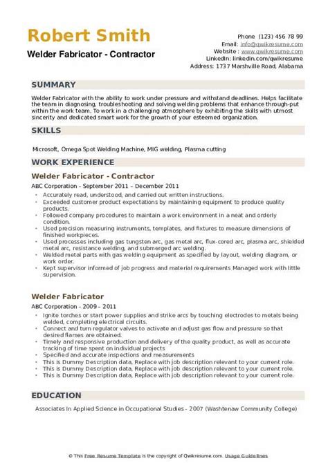 Welder Fabricator Resume Samples | QwikResume