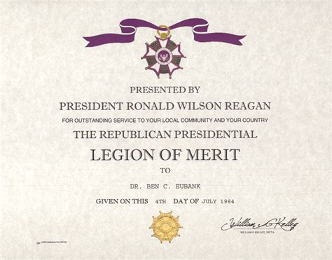 Presidential Legion of Merit Medal certificate