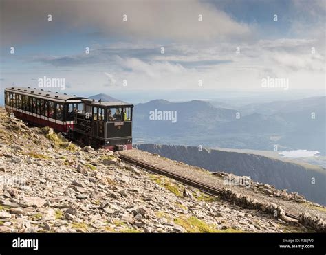 Snowdon Mountain Railway train, summit of Snowdon, Snowdonia National Park, Gwynedd, Wales, UK ...