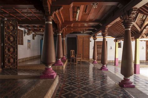 Thinnai (porch) overlooking a Muttram (courtyard) of a traditional Chettinad house in Tamilnadu ...