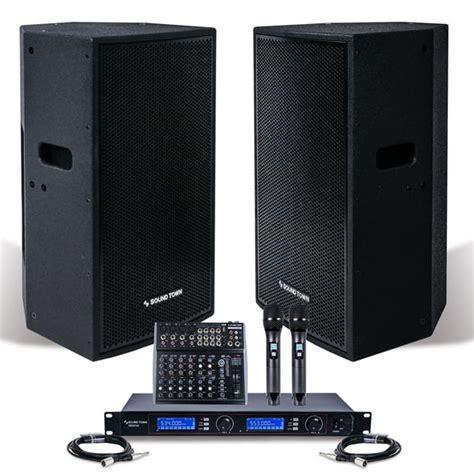 Sound Town Professional PA System with 15" Powered PA speakers, 200-Channel Wireless Microphone ...