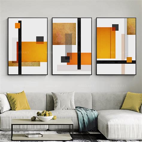 Abstract Painting Print Framed Wall Art Set of 3 Prints Abstract Geometric Gold Print on Canv ...