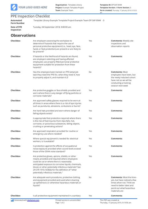 Free PPE Inspection Checklist template - Use online, download, print