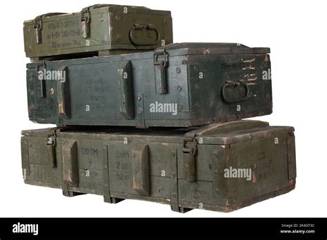 Soviet and russian army ammunition stack of green crates. Text in russian - type of ammunition ...