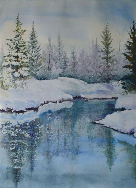 a painting of snow covered trees and water