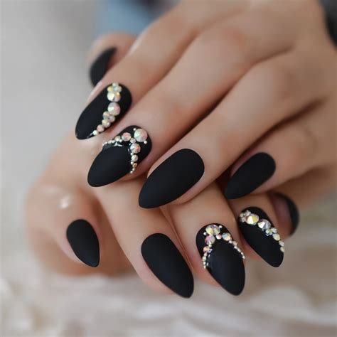 Matte Customize Almond Fake Nails Artificial Rhinestone Designed Nails 3D Gem Chic Women White ...