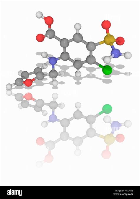 Furosemide. Molecular model of the drug furosemide (C12.H11.Cl.N2.O5.S), a loop diuretic used in ...