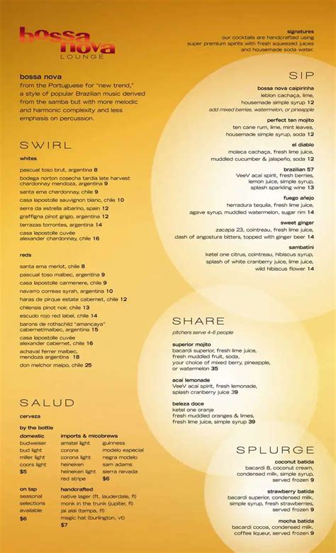 Menu at Bossa Nova Lounge pub & bar, Doral, NW 87th Ave