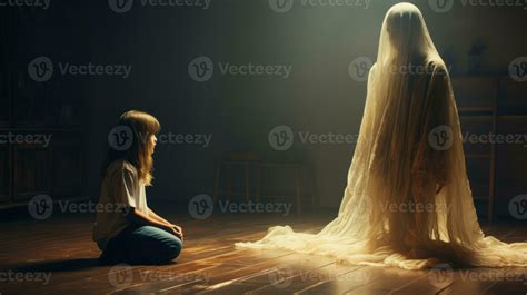 Little alone girl sitting on the floor in the dark room with ghost. Mysterious horror scene of ...