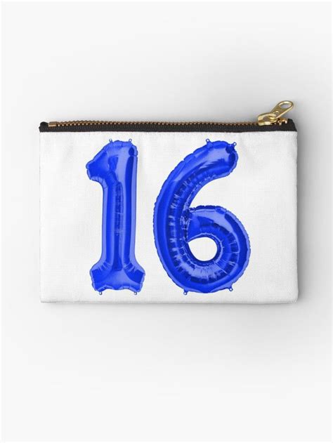 a blue balloon number sixteen on a white background zippered pouch with the number 16 printed on it