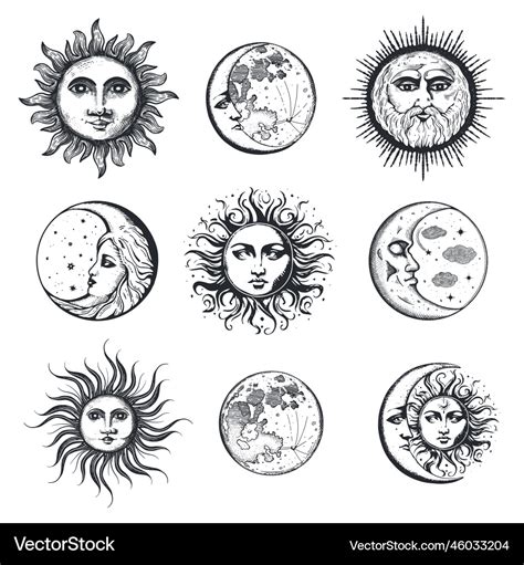 Moon and sun hand drawing in engraving style set Vector Image