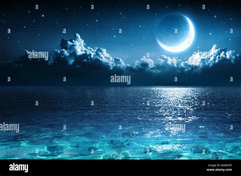 Romantic Moon On Sea In Magic Night Stock Photo - Alamy