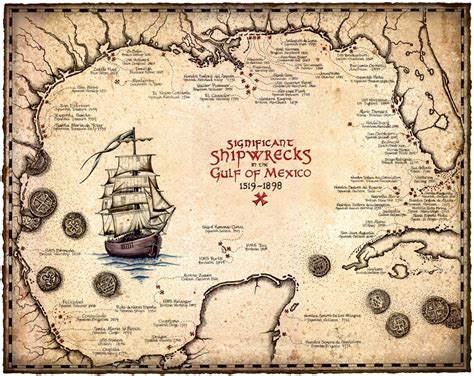 Shipwreck Map Of The Gulf Of Mexico Artwork 15 x 19