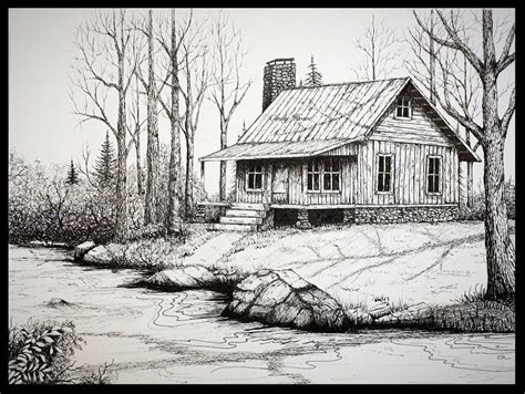 Log Cabin Print, Country, Cabin, Landscape, Mountain Cabin, Pen and Ink, Old Cabin, Cabin Art ...