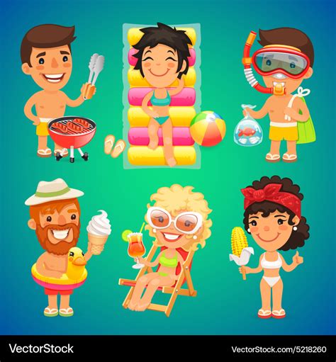 Happy cartoon characters on the beach Royalty Free Vector