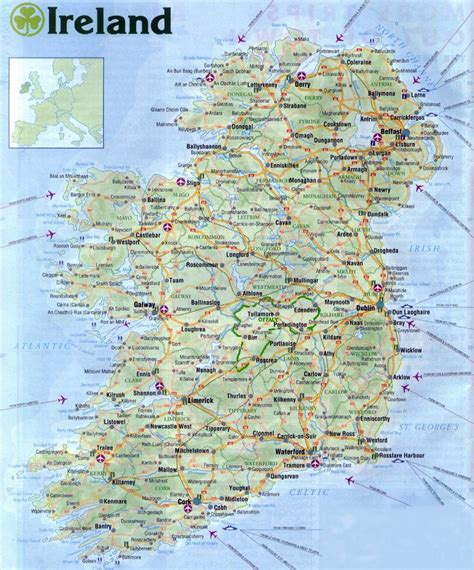 Large road map of Ireland with all cities, airports and roads | Ireland | Europe | Mapsland ...